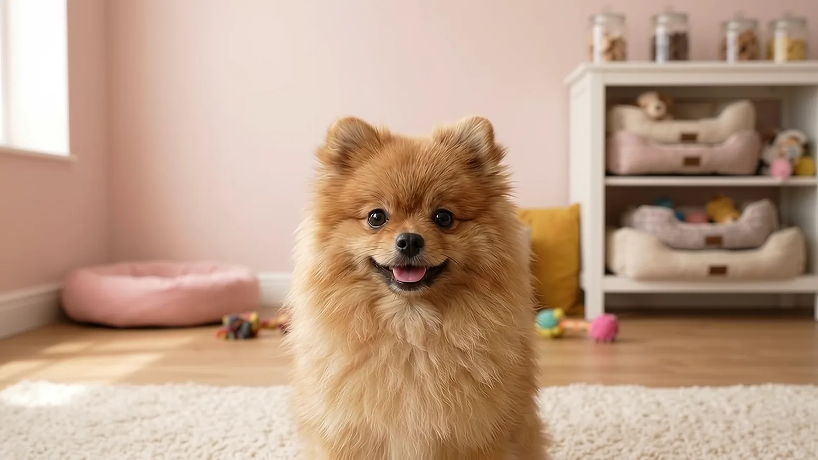 A happy, fluffy orange Pomeranian puppy sitting on a rug in a pink playroom, smiling at the camera